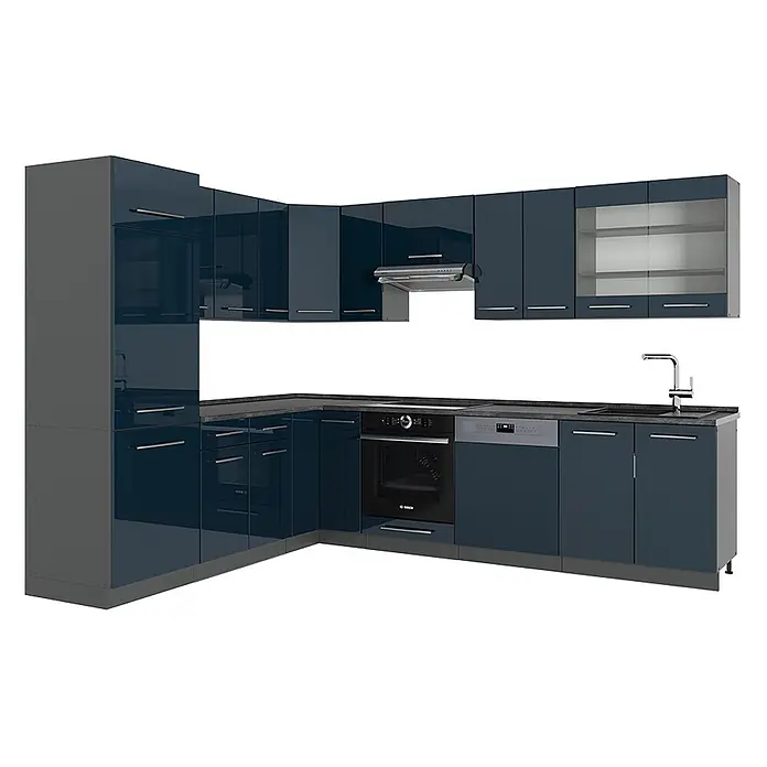 Vicco Eckküche Fame-Line Dunkelblau Hochglanz/Anthrazit, AP Anthrazit - B x T: 287 x 60 cm, Dunkelblau Hochglanz, Ohne Elektrogeräte - Moderne L-förmige Küchenzeile mit dunkelblauen Hochglanzschränken, integrierten Geräten und grauen Arbeitsplatten.
