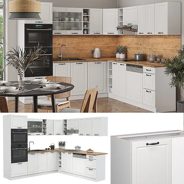 Vicco Eckküche R-Line Weiß Landhaus/Weiß ohne Arbeitsplatte - B x T: 247 x 46 cm, Weiß Landhaus, Ohne Elektrogeräte - Moderne L-förmige Küche mit weißen Schränken, Holzplatten, schwarzen Griffen und integrierten Geräten.