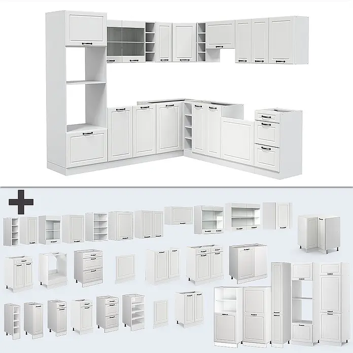 Vicco Eckküche R-Line Weiß Landhaus/Weiß ohne Arbeitsplatte - B x T: 247 x 46 cm, Weiß Landhaus, Ohne Elektrogeräte - Weißes, modulares Küchenschrank-Set mit verschiedenen Unter- und Oberschränken für individuelle Konfigurationen.