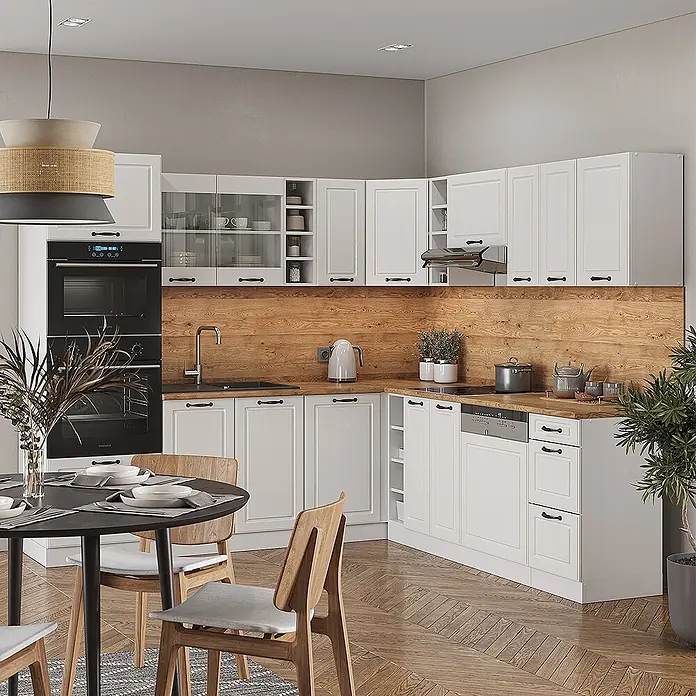 Vicco Eckküche R-Line Weiß Landhaus/Weiß ohne Arbeitsplatte - B x T: 247 x 46 cm, Weiß Landhaus, Ohne Elektrogeräte - Moderne weiße Küche mit Holzrückwand, Einbauöfen und Essbereich.