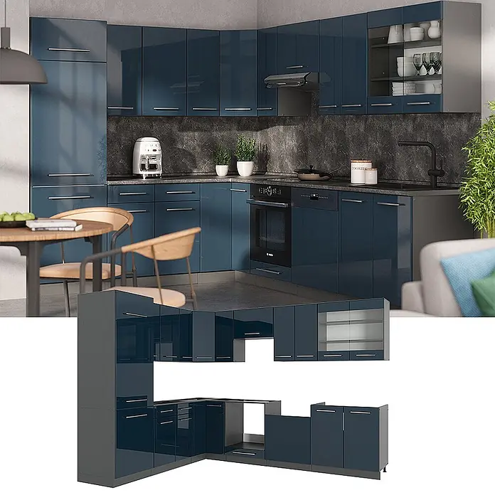 Vicco Eckküche Fame-Line Dunkelblau Hochglanz/Anthrazit, AP Marmor - B x T: 287 x 60 cm, Dunkelblau Hochglanz, Ohne Elektrogeräte - Hochglänzendes dunkelblaues L-förmiges Küchenset mit silbernen Griffen, Unter-, Hänge- und Hochschränken, gezeigt mit Einbaugeräten.