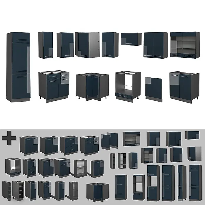 Vicco Eckküche Fame-Line Dunkelblau Hochglanz/Anthrazit, AP Marmor - B x T: 287 x 60 cm, Dunkelblau Hochglanz, Ohne Elektrogeräte - Sammlung dunkelgrau-blauer modularer Küchenschränke in verschiedenen Konfigurationen und Größen, einschließlich Unter-, Wand- und Hochschränken.