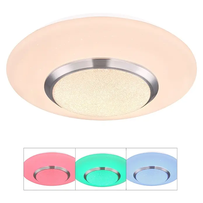 Globo Plafón LED redondo Candida - 18 W, Ø x Al: 34 mm x 8 cm, Blanco, Claro, Blanco cálido - Lámpara de techo LED redonda con efecto estrellado, anillo metálico cepillado y luz interior texturizada. Cambio de color RGB.