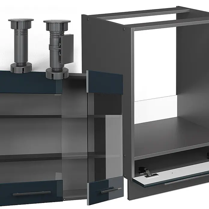 Vicco Eckküche Fame-Line Dunkelblau Hochglanz/Anthrazit, AP Marmor - B x T: 287 x 60 cm, Dunkelblau Hochglanz, Ohne Elektrogeräte - Anthrazitfarbener Küchenschrankrahmen mit dunkelblauen Glastüren und Schubladen, mit verstellbaren Füßen.