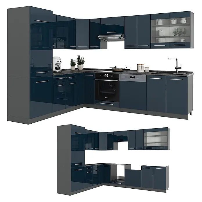 Vicco Eckküche Fame-Line Dunkelblau Hochglanz/Anthrazit, AP Marmor - B x T: 287 x 60 cm, Dunkelblau Hochglanz, Ohne Elektrogeräte - Moderne L-förmige Küche mit glänzend dunkelblauen Türen, grauen Korpus, integriertem Backofen, Geschirrspüler und Spüle.