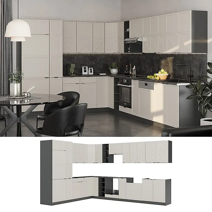 Vicco Eckküche Fame-Line GrauBeige/Anthrazit, AP Anthrazit - B x T: 347 x 60 cm, GrauBeige, Ohne Elektrogeräte - Moderne L-förmige Küche mit hellbeigen Fronten, dunkelgrauen Rahmen und integrierten Geräten, auch als Modulsystem dargestellt.