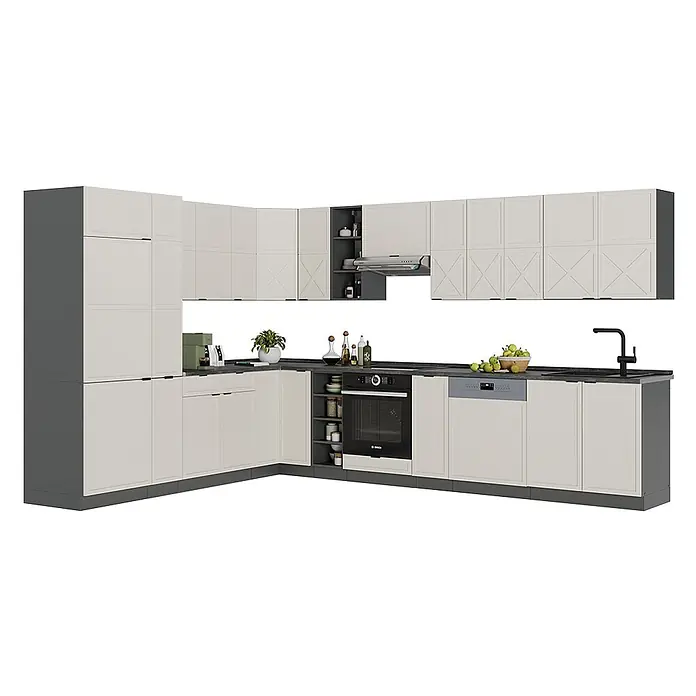 Vicco Eckküche Fame-Line GrauBeige/Anthrazit, AP Anthrazit - B x T: 347 x 60 cm, GrauBeige, Ohne Elektrogeräte - L-förmige Küche mit hellcremefarbenen Schränken, dunkelgrauen Arbeitsplatten und integriertem Backofen, Geschirrspüler und Spüle.