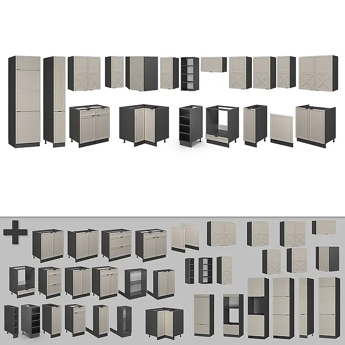 Vicco Eckküche Fame-Line GrauBeige/Anthrazit, AP Anthrazit - B x T: 347 x 60 cm, GrauBeige, Ohne Elektrogeräte - Moderne Küchenschränke in verschiedenen Konfigurationen, mit hellbeigen Fronten und dunkelgrauen Rahmen für vielfältige Stauraumbedarf.
