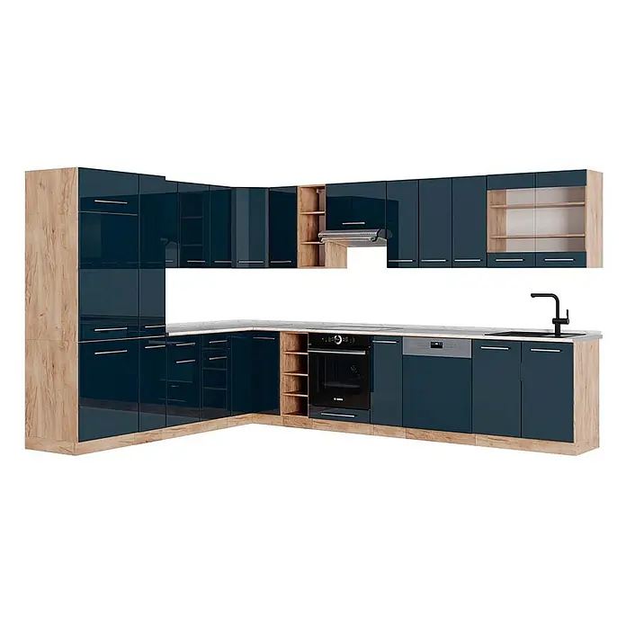 Vicco Eckküche Fame-Line Dunkelblau Hochglanz/Goldkraft Eiche, AP Marmor - B x T: 347 x 60 cm, Dunkelblau Hochglanz, Ohne Elektrogeräte - L-förmige Küche mit dunkelblauen Hochglanzschränken und hellen Holzakzenten, inklusive Backofen, Spüle und offenen Regalen.