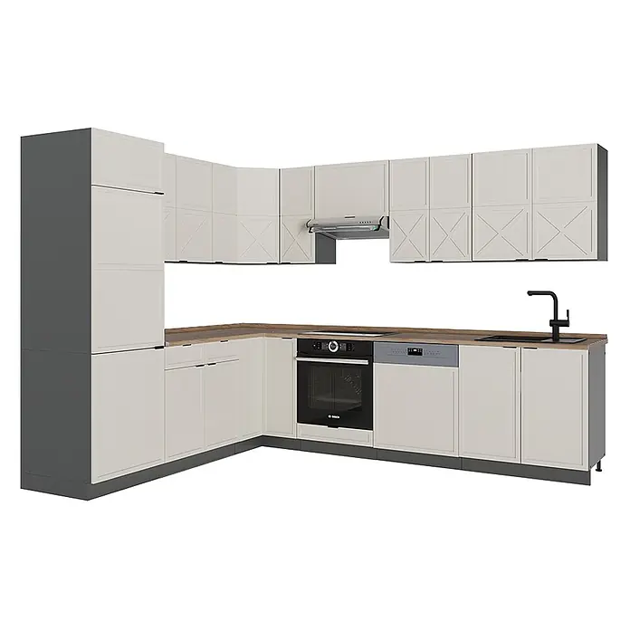 Vicco Eckküche Fame-Line GrauBeige/Anthrazit, AP Eiche - B x T: 287 x 60 cm, GrauBeige, Ohne Elektrogeräte - L-förmige Küche mit cremefarbenen Schränken, dunkelgrauen Akzenten, Holz-Arbeitsplatte und integrierten Geräten: Ofen, Kochfeld, Spülmaschine, Spüle, Armatur.