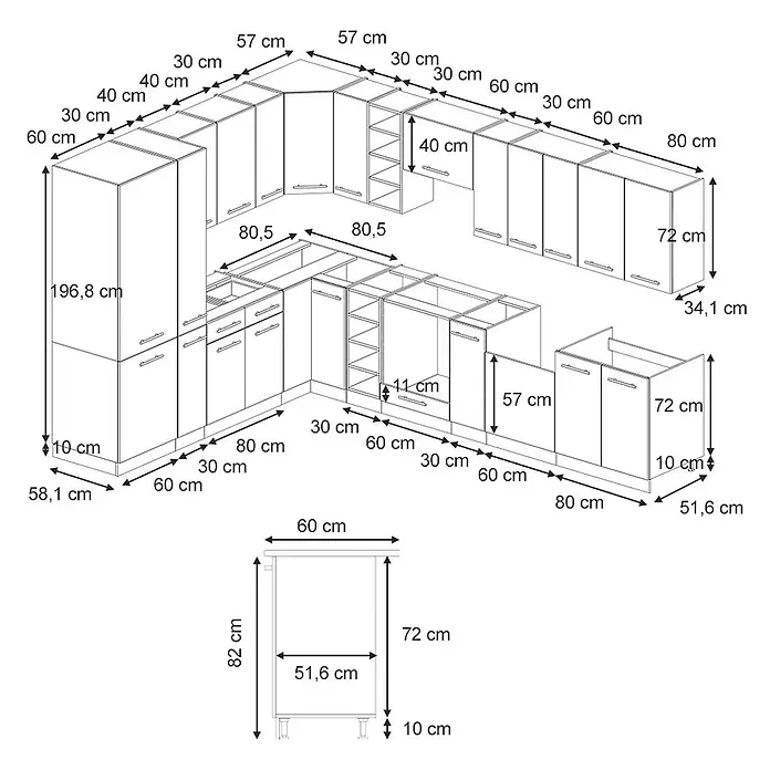 Vicco Eckküche Fame-Line Eiche Paneel/Anthrazit, AP Anthrazit - B x T: 347 x 60 cm, Eiche Paneel, Ohne Elektrogeräte - Detaillierte technische Zeichnung eines modularen Küchenschranksystems mit Maßen, zeigt Ober- und Unterschränke.