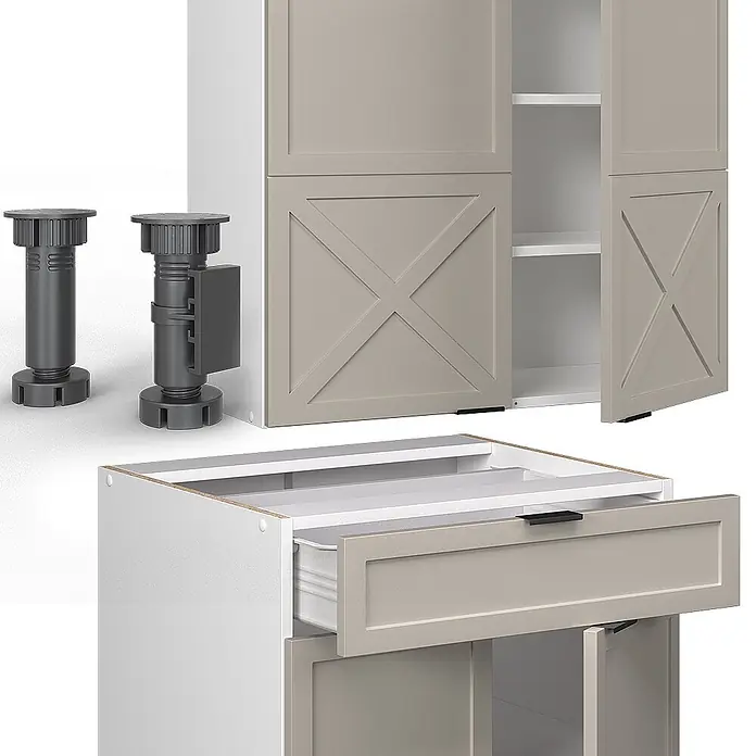 Vicco Singleküche Fame-Line GrauBeige/Weiß, AP Anthrazit - Breite: 140 cm, GrauBeige, Mit AP Anthrazit - Modulare Küchenschrank-Einzelteile: weiße Korpusse, beige Türen/Schublade mit X-Muster und graue verstellbare Füße für eine individuelle Küche.