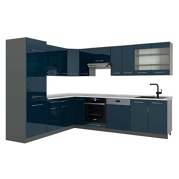 Vicco Eckküche Fame-Line Dunkelblau Hochglanz/Anthrazit, AP Marmor - B x T: 287 x 60 cm, Dunkelblau Hochglanz, Ohne Elektrogeräte - L-förmige Küche mit glänzenden dunkelblauen Schränken, grauen Seitenwänden und heller Arbeitsplatte. Mit integriertem Ofen, Geschirrspüler, Spüle und Hängeschränken mit Glastüren.