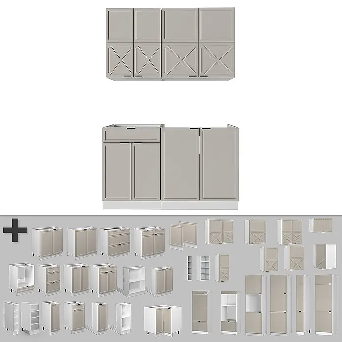 Vicco Singleküche Fame-Line GrauBeige/Weiß, AP Anthrazit - Breite: 140 cm, GrauBeige, Mit AP Anthrazit - Modulare hellbeige/graubeige Küchenschränke: Unter-, Ober- und Hochschränke mit klassischen Rahmentüren.