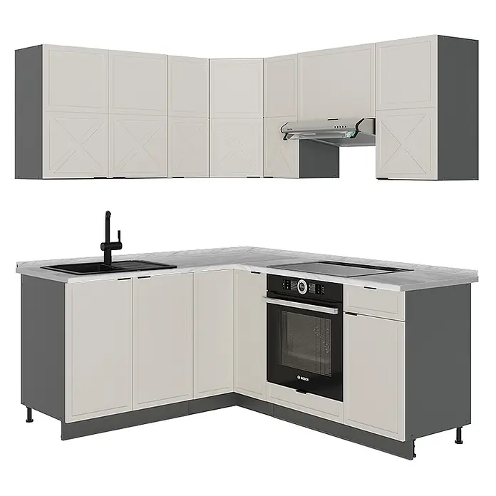 Vicco Eckküche Fame-Line GrauBeige/Anthrazit, AP Marmor - B x T: 190 x 60 cm, GrauBeige, Ohne Elektrogeräte - L-förmige Küchenzeile mit hellbeigen Türen, grauem Rahmen, schwarzem Spülbecken, Backofen und Kochfeld. Mit Oberschränken und Dunstabzugshaube.