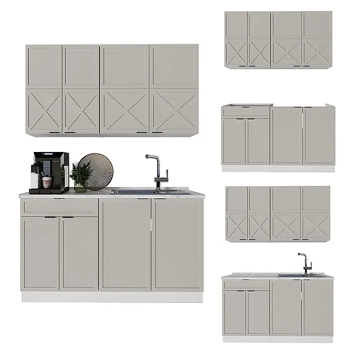 Vicco Singleküche Fame-Line GrauBeige/Weiß, AP Anthrazit - Breite: 140 cm, GrauBeige, Mit AP Anthrazit - Hellebeige modulare Küchenschränke, mit Oberteilen mit dekorativen Kreuzmuster-Türen und Unterteilen mit Spülenausschnitt.