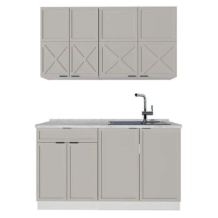 Vicco Singleküche Fame-Line GrauBeige/Weiß, AP Marmor - Breite: 140 cm, GrauBeige, Mit AP Marmor - Hellgraue Küchenzeile mit Oberschränken mit X-Details, Marmor-Arbeitsplatte und Spüle.