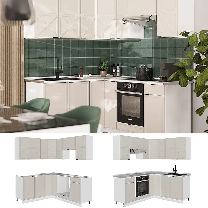 Vicco Eckküche Fame-Line GrauBeige/Weiß ohne Arbeitsplatte - B x T: 190 x 46 cm, GrauBeige, Ohne Elektrogeräte - L-förmige Küchenzeile mit hellbeigen Schränken, weißer Arbeitsplatte, integriertem Backofen, Spüle und Kochfeld.
