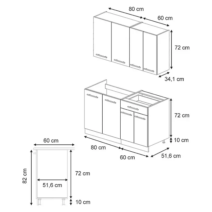 Vicco Singleküche Fame-Line Eiche Paneel/Anthrazit, AP Marmor - Breite: 140 cm, Eiche Paneel, Mit AP Marmor - Schema von Küchenschränken, das eine obere und eine untere Einheit mit detaillierten Maßen zeigt.