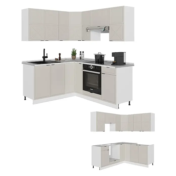 Vicco Eckküche Fame-Line GrauBeige/Weiß ohne Arbeitsplatte - B x T: 190 x 46 cm, GrauBeige, Ohne Elektrogeräte - Helle beige Eckküche mit Kreuzmuster-Schranktüren, weißen Rahmen, schwarzen Geräten und grauer Arbeitsplatte.