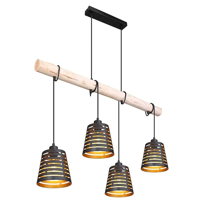 Globo Pendelleuchte Ablona - 60 W, L x B x H: 85 x 17 x 120 cm, Schwarz, Gold, E27 - Moderne Hängeleuchte mit Naturholz-Balken und vier schwarzen Metallschirmen mit goldenen Innenseiten an schwarzen Kabeln.