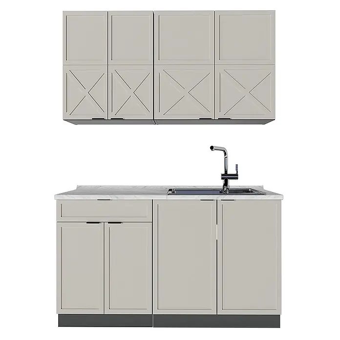 Vicco Singleküche Fame-Line GrauBeige/Anthrazit, AP Marmor - Breite: 140 cm, GrauBeige, Mit AP Marmor - Helle Küchenschränke in Grau mit Spüle und Wasserhahn, bestehend aus Ober- und Unterschränken.