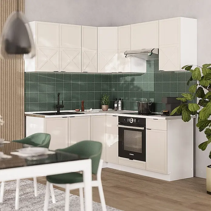 Vicco Eckküche Fame-Line GrauBeige/Weiß ohne Arbeitsplatte - B x T: 190 x 46 cm, GrauBeige, Ohne Elektrogeräte - Helle, beigefarbene L-förmige Küchenschränke mit dunkelgrünem Fliesenspiegel und integrierten Geräten.