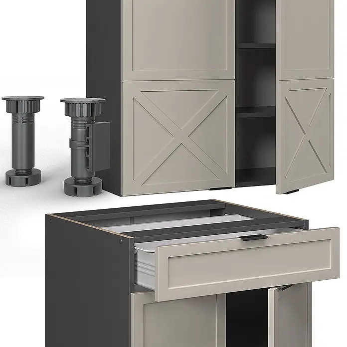 Vicco Singleküche Fame-Line GrauBeige/Anthrazit, AP Marmor - Breite: 140 cm, GrauBeige, Mit AP Marmor - Modulare dunkelgraue Schrankelemente mit beigen Türen und Schublade, inklusive verstellbarer Füße.