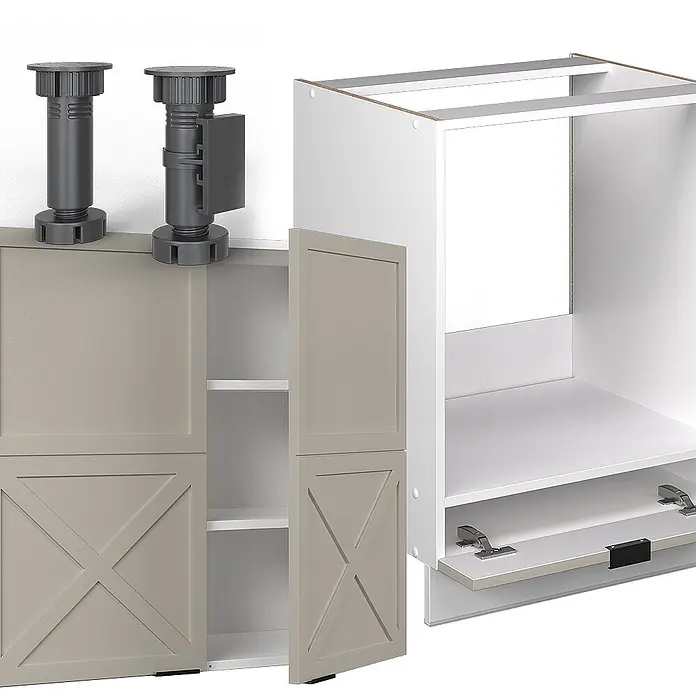 Vicco Eckküche Fame-Line GrauBeige/Weiß ohne Arbeitsplatte - B x T: 190 x 46 cm, GrauBeige, Ohne Elektrogeräte - Modulküchenschrank mit taupefarbenen Türen und verstellbaren dunkelgrauen Beinen, montiert und unmontiert.