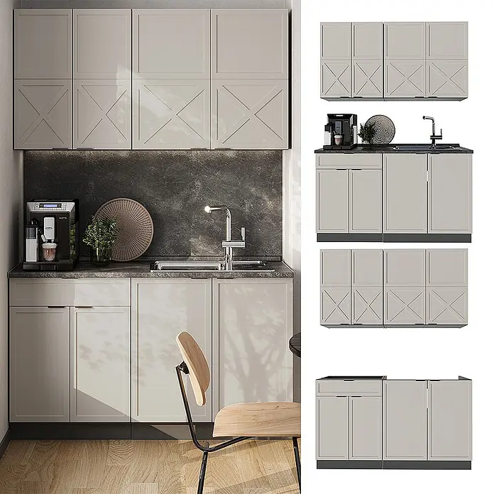 Vicco Singleküche Fame-Line GrauBeige/Anthrazit, AP Marmor - Breite: 140 cm, GrauBeige, Mit AP Marmor - Helle, modulare Küchenschränke in Beige. Oberschränke mit X-Muster, Unterschränke inkl. Spülbeckenunterschrank. Modernes Küchenset.