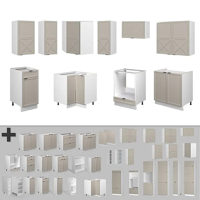 Vicco Eckküche Fame-Line GrauBeige/Weiß ohne Arbeitsplatte - B x T: 190 x 46 cm, GrauBeige, Ohne Elektrogeräte - Modulare Küchenschrankkomponenten: weiße Rahmen mit hellbeigen/taupe Türen, einige mit dekorativem X-Streben-Design, in verschiedenen Wand-, Unter- und Eckkonfigurationen.