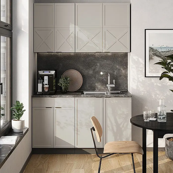 Vicco Singleküche Fame-Line GrauBeige/Anthrazit, AP Marmor - Breite: 140 cm, GrauBeige, Mit AP Marmor - Kompakte Küche mit hellbeigen Unter- und Oberschränken, dunkler Arbeitsplatte, Spüle und Kaffeemaschine in hellem Innenraum.