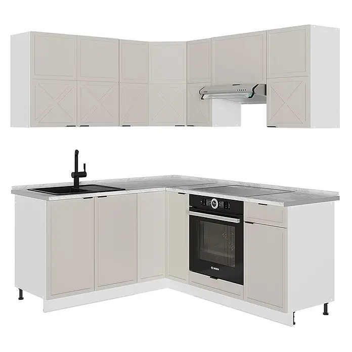 Vicco Eckküche Fame-Line GrauBeige/Weiß ohne Arbeitsplatte - B x T: 190 x 46 cm, GrauBeige, Ohne Elektrogeräte - L-förmige Küche mit hellbeigen Schränken, Marmor-Arbeitsplatte, schwarzer Spüle und Einbauofen.