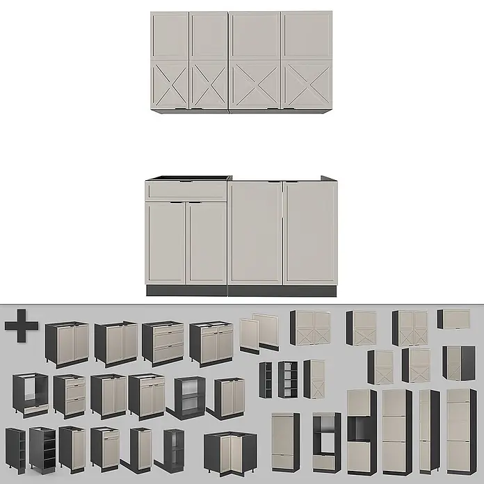 Vicco Singleküche Fame-Line GrauBeige/Anthrazit, AP Marmor - Breite: 140 cm, GrauBeige, Mit AP Marmor - Modulares Küchenschranksystem in Hellbeige mit dunklen Sockeln, umfasst Ober-, Unter- und Hochschränke, teils mit Kreuzdetailtüren.