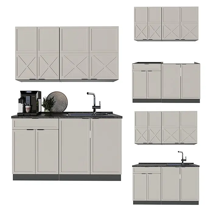 Vicco Singleküche Fame-Line GrauBeige/Anthrazit, AP Marmor - Breite: 140 cm, GrauBeige, Mit AP Marmor - Modulares hellbeiges Küchenschrankset mit oberen Türen mit Kreuzdetail und Unterschränken mit Spüle und Arbeitsplatte.