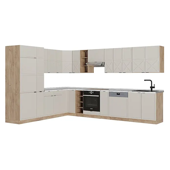 Vicco Eckküche Fame-Line GrauBeige/Goldkraft Eiche, AP Marmor - B x T: 347 x 60 cm, GrauBeige, Ohne Elektrogeräte - L-förmige Küche mit hellbeigen Schränken, hellen Holzpaneelen, integriertem Backofen, Spülmaschine, Spüle und Dunstabzugshaube.
