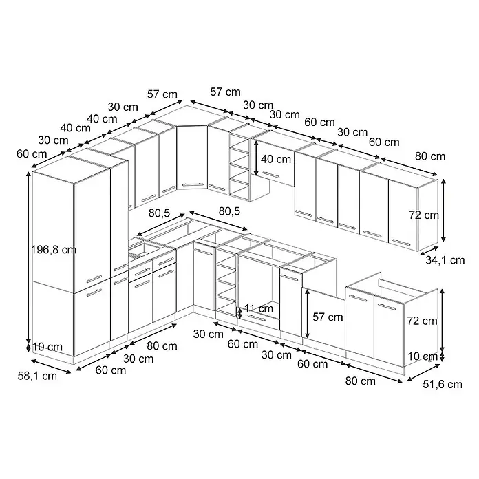 Vicco Eckküche Fame-Line Eiche Paneel/Anthrazit ohne Arbeitsplatte - B x T: 347 x 46 cm, Eiche Paneel, Ohne Elektrogeräte - Detailliertes Diagramm einer U-förmigen Küchenzeile mit verschiedenen Ober-, Unter- und Hochschränken, inklusive präziser Maße.