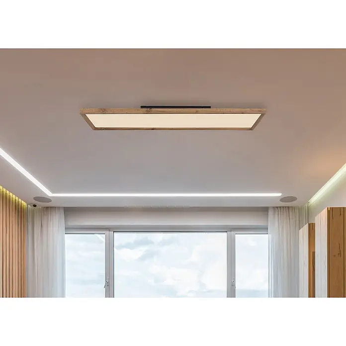 Globo LED-Panel Cinderella - 36 W - Rechteckige Deckenleuchte mit Holzrahmen und weißem Diffusor, an der Decke montiert, spendet Raumlicht.