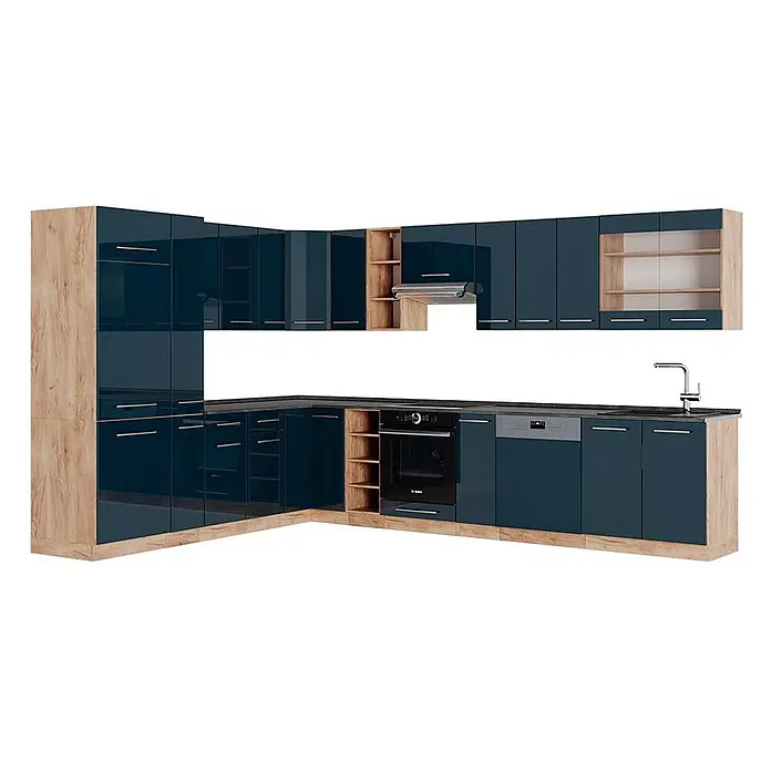 Vicco Eckküche Fame-Line Dunkelblau Hochglanz/Goldkraft Eiche, AP Anthrazit - B x T: 347 x 60 cm, Dunkelblau Hochglanz, Ohne Elektrogeräte - L-förmige Küchenzeile mit glänzenden dunkelblauen Schränken, hellen Holzakzenten, integriertem Backofen, Spüle und Dunstabzugshaube.