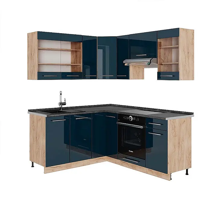 Vicco Eckküche Fame-Line Dunkelblau Hochglanz/Goldkraft Eiche, AP Anthrazit - B x T: 190 x 60 cm, Dunkelblau Hochglanz, Ohne Elektrogeräte - L-förmige Küche mit glänzenden petrolblauen Fronten, hellen Holzseiten, schwarzer Arbeitsplatte, Spüle, Ofen und Kochfeld.