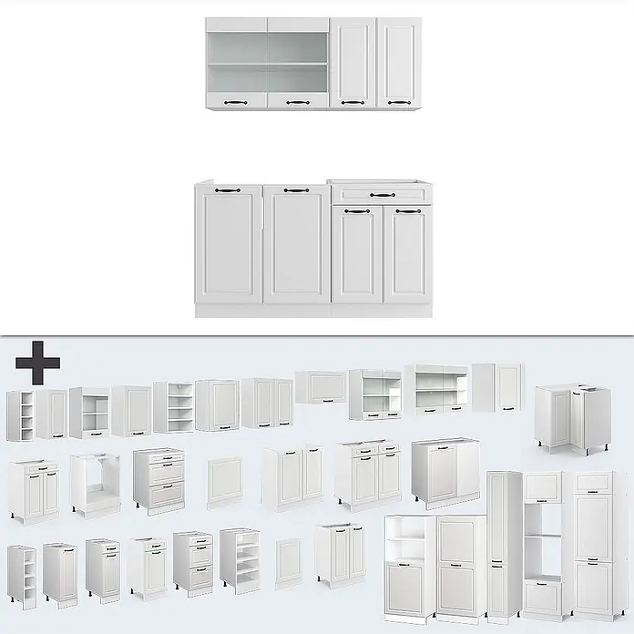 Vicco Singleküche R-Line Weiß Landhaus/Weiß, AP Marmor - Breite: 140 cm, Weiß Landhaus, Mit AP Marmor - Weiße modulare Küchenschränke und Einzelmodule, einschließlich Wand- und Unterschränke, für ein anpassbares Küchensystem.