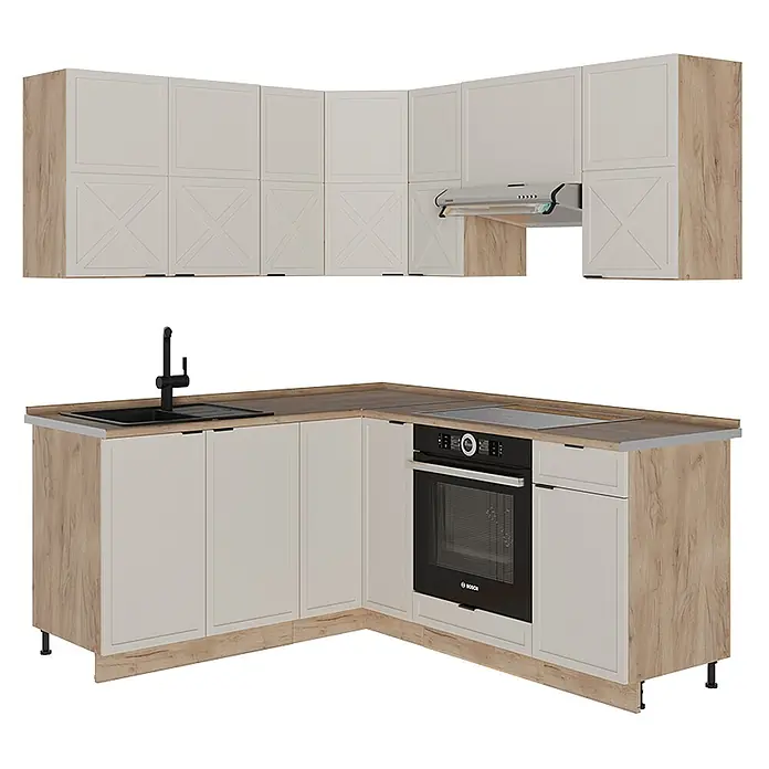 Vicco Eckküche Fame-Line GrauBeige/Goldkraft Eiche, AP Eiche - B x T: 190 x 60 cm, GrauBeige, Ohne Elektrogeräte - Eckküche mit hellbeigen Schränken, Holzoptik-Arbeitsplatte, integriertem Ofen, Kochfeld, Spüle, Armatur und passenden Oberschränken mit Dunstabzugshaube.
