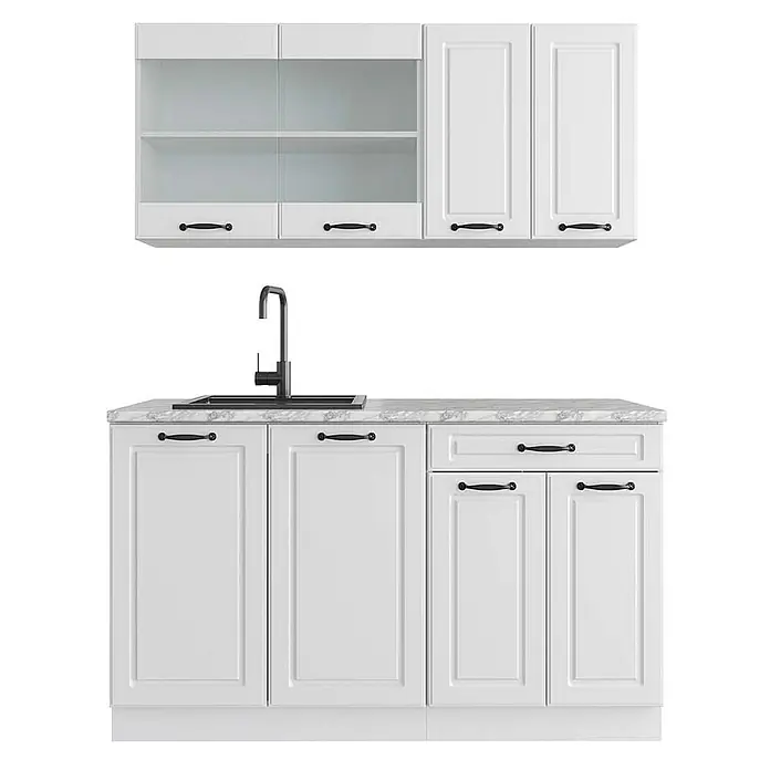 Vicco Singleküche R-Line Weiß Landhaus/Weiß, AP Marmor - Breite: 140 cm, Weiß Landhaus, Mit AP Marmor - Weißes Küchenschrank-Set mit schwarzen Griffen, Spüle und Arbeitsplatte in Marmoroptik.