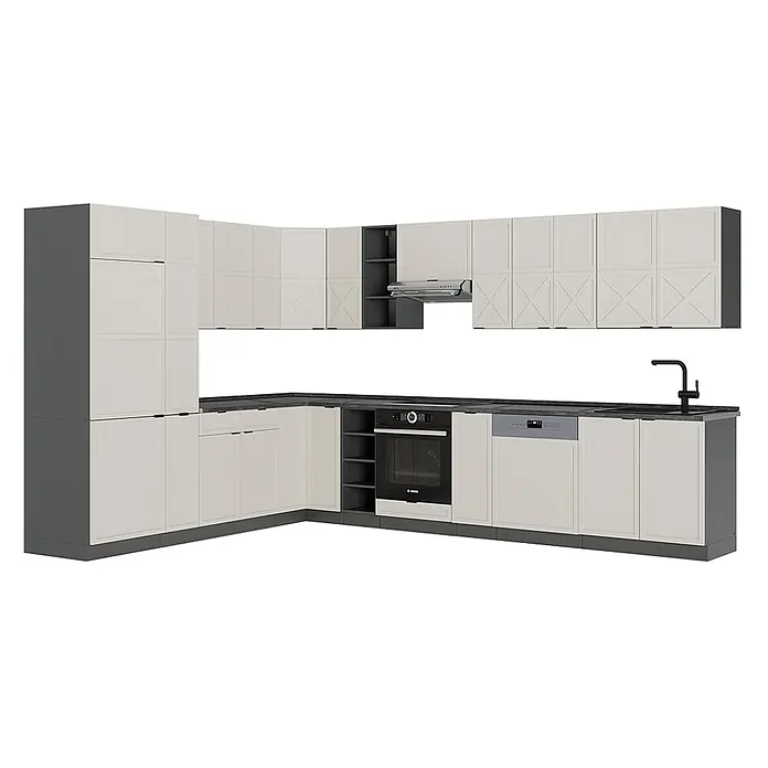 Vicco Eckküche Fame-Line GrauBeige/Anthrazit, AP Anthrazit - B x T: 347 x 60 cm, GrauBeige, Ohne Elektrogeräte - L-förmige Küche mit hellbeigen Schränken, teils mit X-Muster, dunkler Arbeitsplatte und integriertem Backofen, Geschirrspüler, Spüle und Dunstabzug.