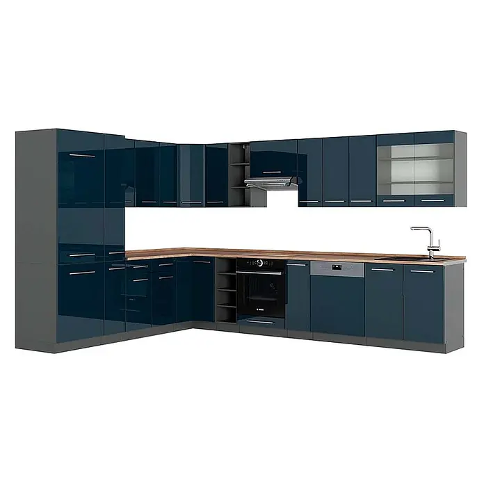 Vicco Eckküche Fame-Line Dunkelblau Hochglanz/Anthrazit, AP Eiche - B x T: 347 x 60 cm, Dunkelblau Hochglanz, Ohne Elektrogeräte - L-förmige Küche mit glänzenden dunkelblauen Fronten, Holzarbeitsplatte und grauen Seiten. Integrierter Backofen, Spülmaschine, Spüle und Dunstabzugshaube.