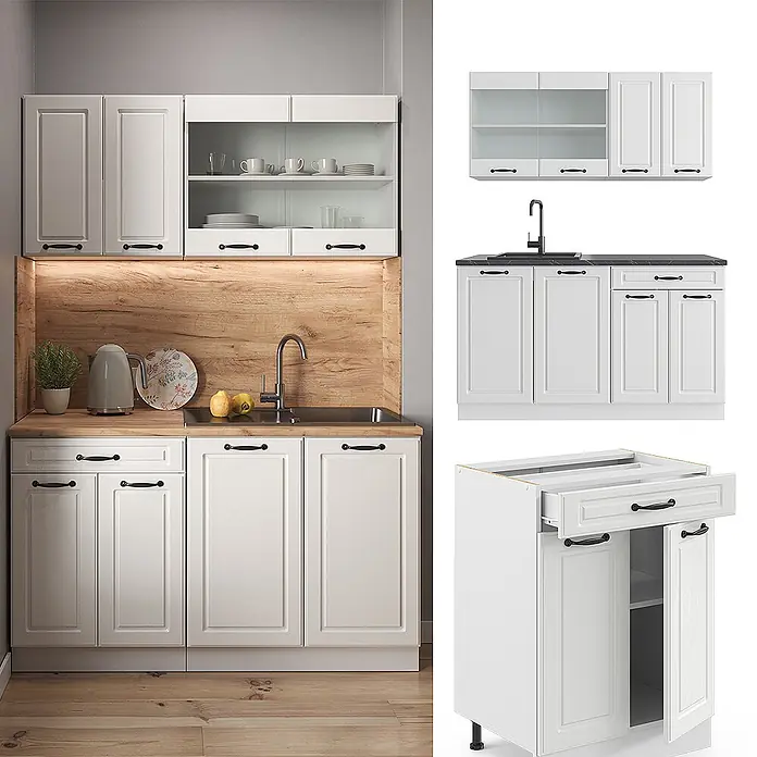 Vicco Singleküche R-Line Weiß Landhaus/Weiß, AP Marmor - Breite: 140 cm, Weiß Landhaus, Mit AP Marmor - Weiße Küchenschrank-Garnitur mit schwarzen Griffen und Holzdetails, in Küche und als Einzelteile gezeigt.
