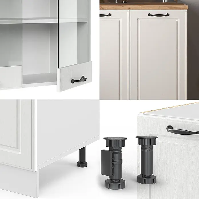 Vicco Singleküche R-Line Weiß Landhaus/Weiß, AP Marmor - Breite: 140 cm, Weiß Landhaus, Mit AP Marmor - Weiße Küchenschrankkomponenten: Hängeschrank mit Glastüren, Unterschränke und schwarze verstellbare Beine.