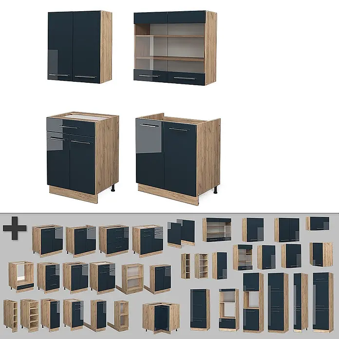 Vicco Singleküche Fame-Line Dunkelblau Hochglanz/Goldkraft Eiche ohne Arbeitsplatte - Breite: 140 cm, Dunkelblau Hochglanz, Ohne AP - Modulares Küchenschranksystem mit dunkelblauen Hochglanzfronten und hellen Holzmaserrahmen, mit verschiedenen Einheiten und Glaselementen.