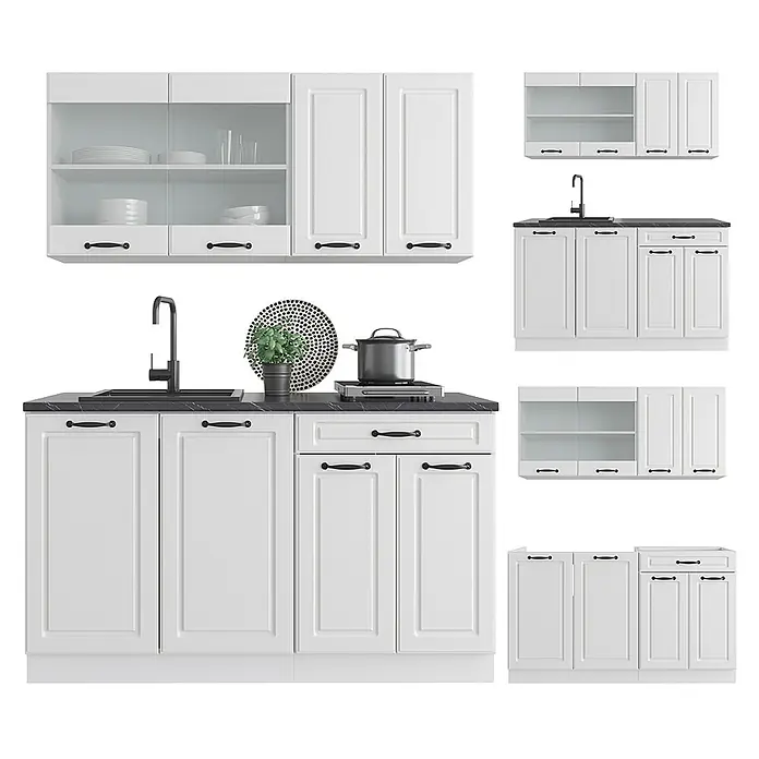 Vicco Singleküche R-Line Weiß Landhaus/Weiß, AP Marmor - Breite: 140 cm, Weiß Landhaus, Mit AP Marmor - Weiße Küchenschränke mit schwarzen Griffen, oberen Hängeschränken (teilweise mit Glas) und unteren Unterschränken mit schwarzen Arbeitsplatten und Spüle.