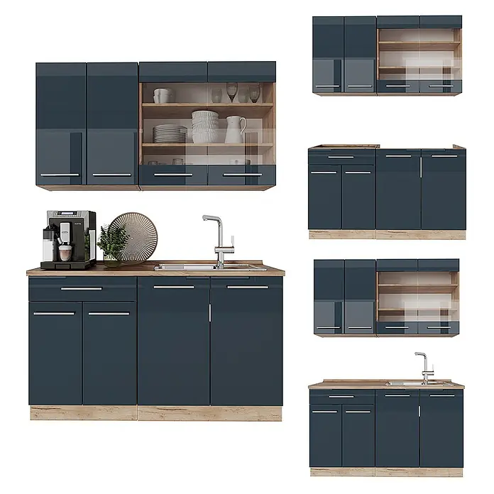 Vicco Singleküche Fame-Line Dunkelblau Hochglanz/Goldkraft Eiche ohne Arbeitsplatte - Breite: 140 cm, Dunkelblau Hochglanz, Ohne AP - Glänzend dunkelblaues Modulküchenset mit Arbeitsplatten und Sockelleisten in Holzoptik, inkl. Schränken, Schubladen und Spüle.